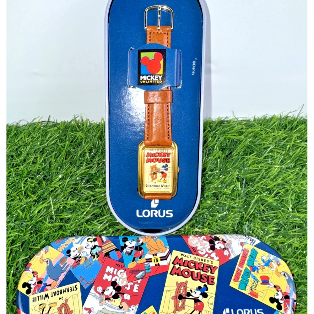 NOS Disney Mickey Unlimited Steamboat Willie Lorus Watch w Tin Case Vintage